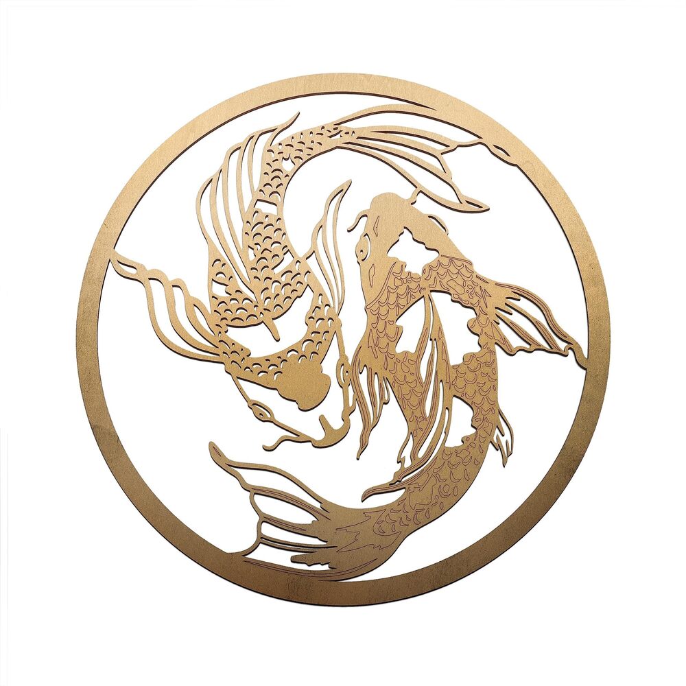 4273 Fourth Level MFG 12" Yin Yang Koi Fish Gold, Asian Wood Wall Art, Zen